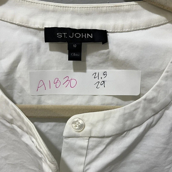 St. John Women's Ivory White Button Up Blouse Sz 10 Tie Metallic Detail Cuffs - Picture 2 of 12